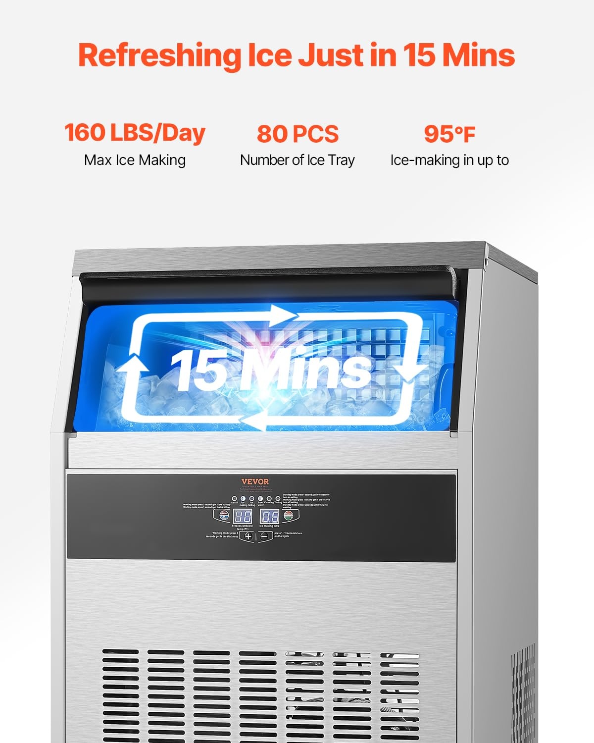 image:imageVEVOR Commercial Ice Maker Machine 160lbs24H Ice Maker Machine with 66lbs Storage Capacity 80 Ice Cubes in 15 Minutes LED Digital Display Freestanding SelfCleaning for Bar Office Restaurant