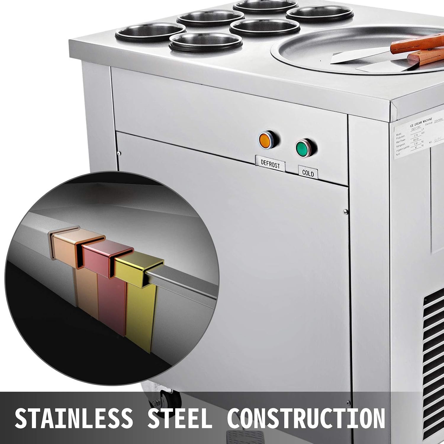 image:imageVEVOR Commercial Ice Roll Maker 137 Pan Diameter 740W Ice Cream Maker 6 Buckets Fried Yogurt Cream Machine with Food Shovels Perfect for Bars Cafs Dessert Shops