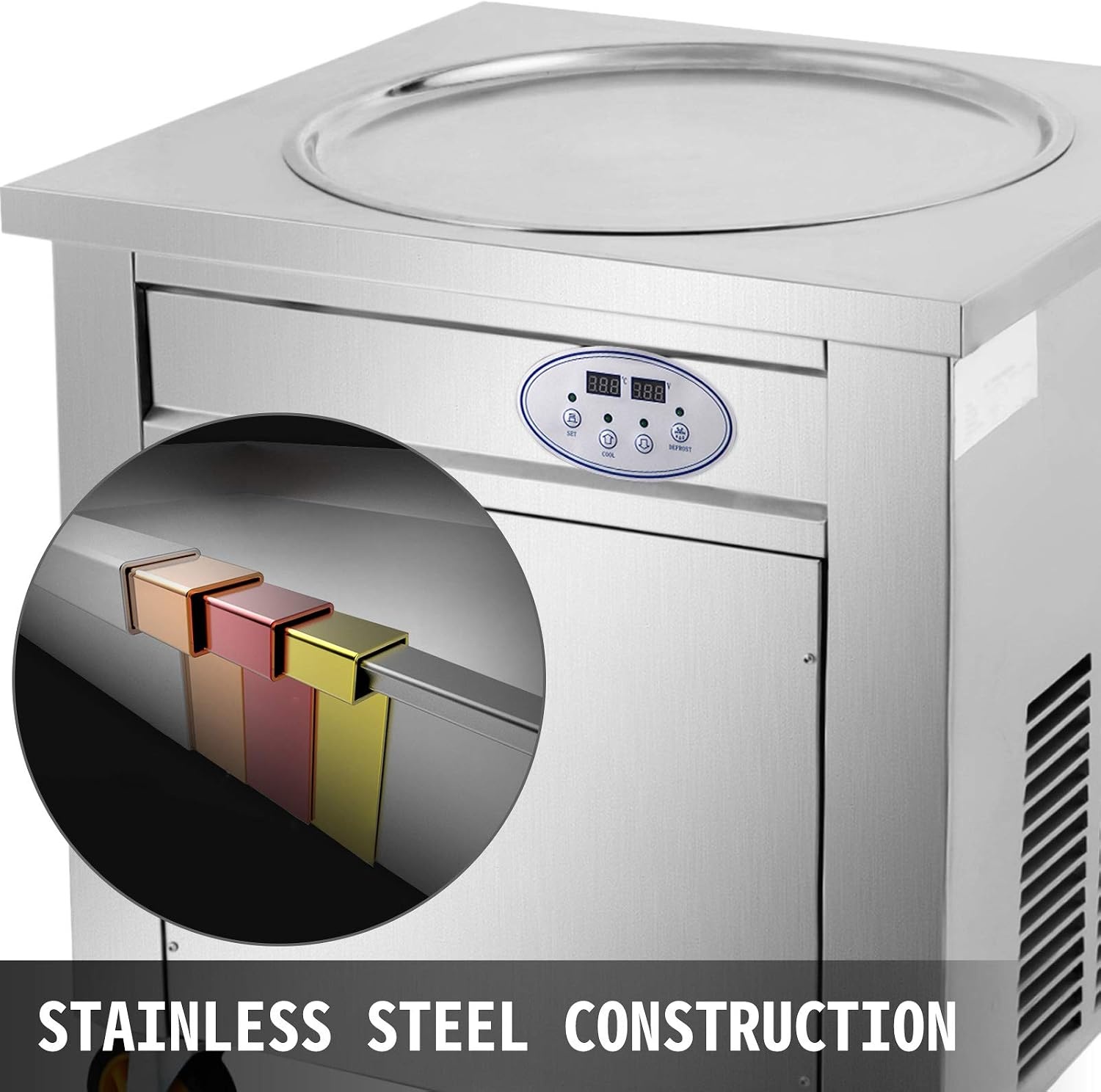 image:imageVEVOR Commercial Ice Roll Maker 1800W Fried Yogurt Cream Machine Fried Ice Cream Roll Machine with 197Inch Round Pan 2 Defrost Methods Button amp Pedal Perfect for Bars Cafes Dessert Shops
