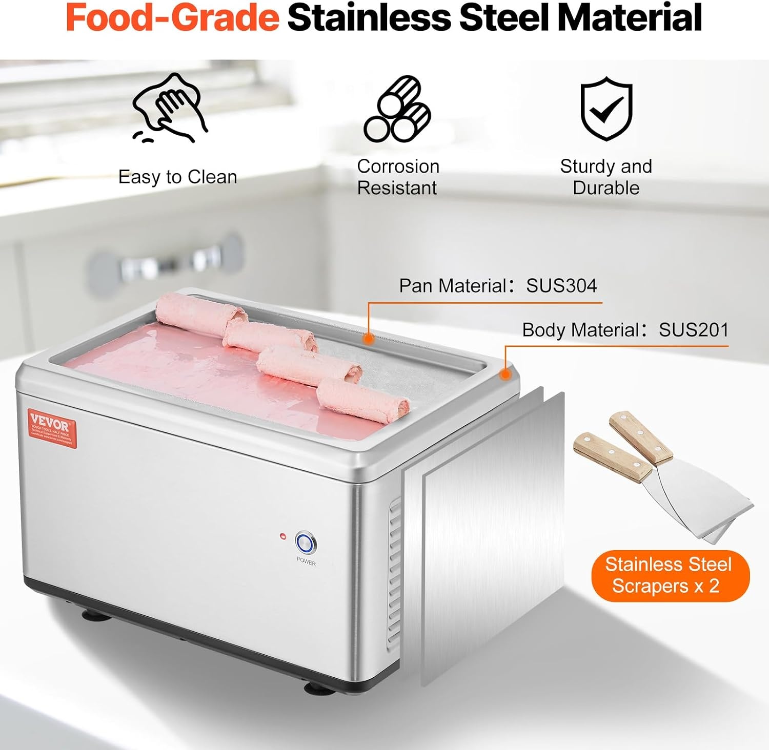 image:imageVEVOR Commercial Ice Roll MakerStirFried Yogurt Cream Machine 220W Ice Cream Roll Machine with 94 x 11 Square Pan Button Defrost Method with Food Shovels Perfect for BarsCafes Dessert Shops120W