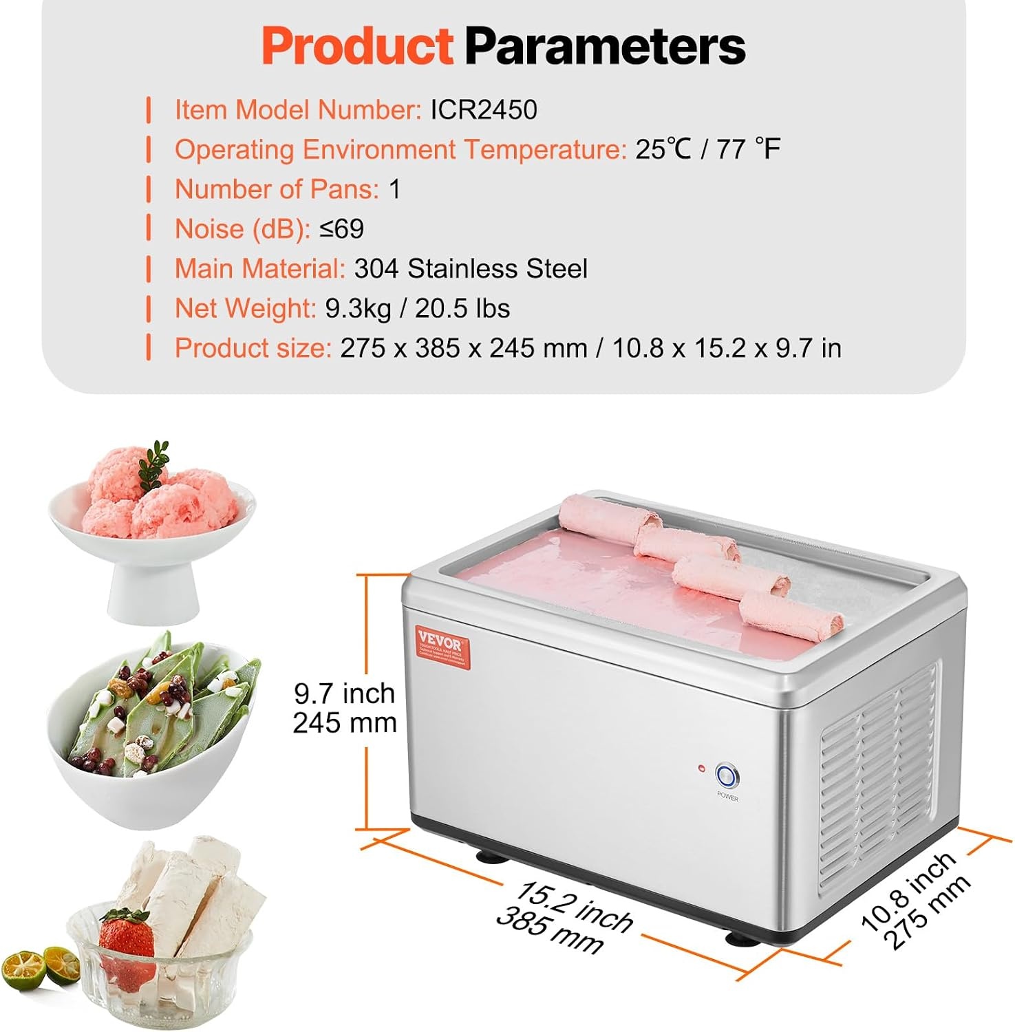 image:imageVEVOR Commercial Ice Roll MakerStirFried Yogurt Cream Machine 220W Ice Cream Roll Machine with 94 x 11 Square Pan Button Defrost Method with Food Shovels Perfect for BarsCafes Dessert Shops120W