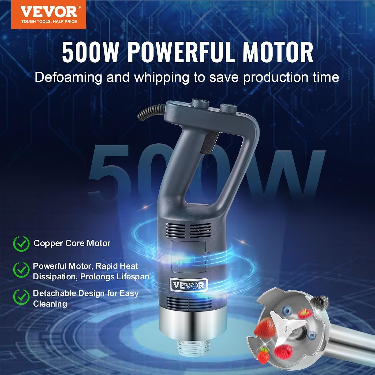image:imageVEVOR Commercial Immersion Blender 500 Watt 20Inch Heavy Duty Hand Mixer Variable Speed Mixer with 304 Stainless Steel Blade MultiPurpose Portable Mixer for Soup Smoothie Puree Baby Food Variable Speed Stick Machine with 304 Stainless Steel Blade MultiPurpose Portable for Soup Smoothie Puree Baby Food500Watt 16inch