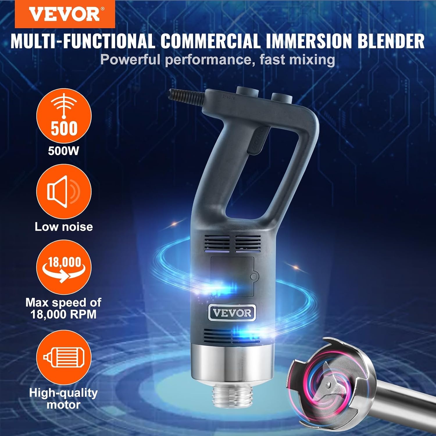 image:imageVEVOR Commercial Immersion Blender 500 Watt 20Inch Heavy Duty Hand Mixer Variable Speed Mixer with 304 Stainless Steel Blade MultiPurpose Portable Mixer for Soup Smoothie Puree Baby Food Variable Speed Stick Machine with 304 Stainless Steel Blade MultiPurpose Portable for Soup Smoothie Puree Baby Food500Watt 12Inch