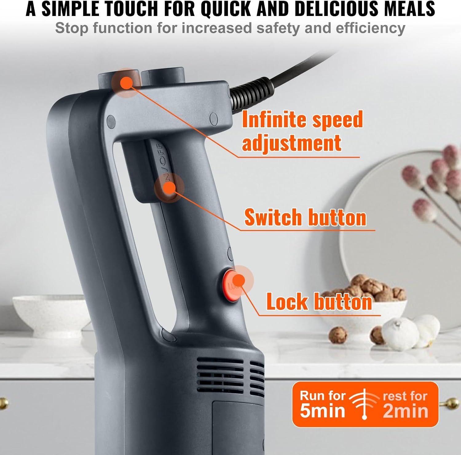 image:imageVEVOR Commercial Immersion Blender 500 Watt 20Inch Heavy Duty Hand Mixer Variable Speed Mixer with 304 Stainless Steel Blade MultiPurpose Portable Mixer for Soup Smoothie Puree Baby Food Variable Speed Stick Machine with 304 Stainless Steel Blade MultiPurpose Portable for Soup Smoothie Puree Baby Food750Watt 12inch