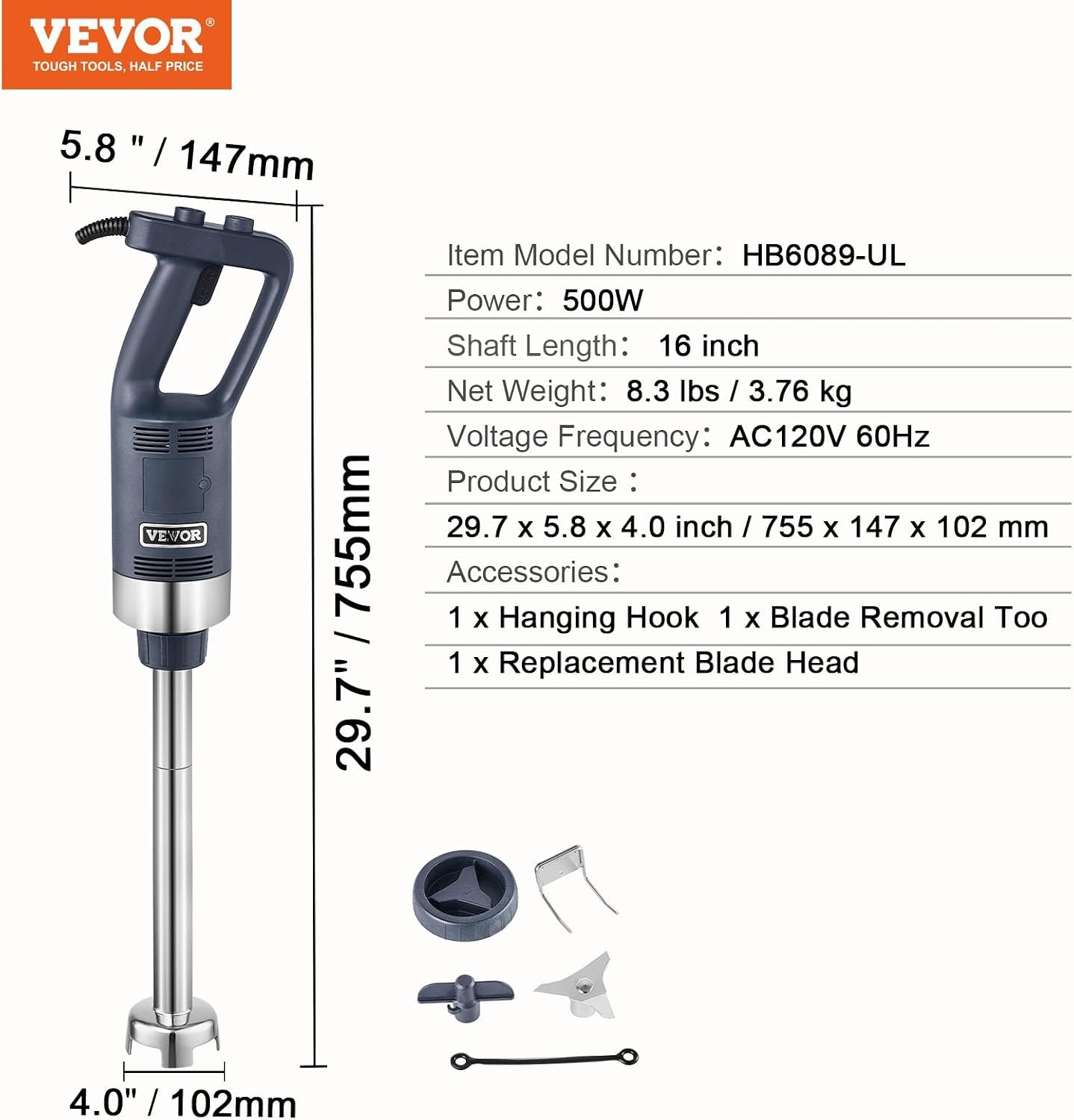 image:imageVEVOR Commercial Immersion Blender 500 Watt 20Inch Heavy Duty Hand Mixer Variable Speed Mixer with 304 Stainless Steel Blade MultiPurpose Portable Mixer for Soup Smoothie Puree Baby Food Variable Speed Stick Machine with 304 Stainless Steel Blade MultiPurpose Portable for Soup Smoothie Puree Baby Food500Watt 16inch