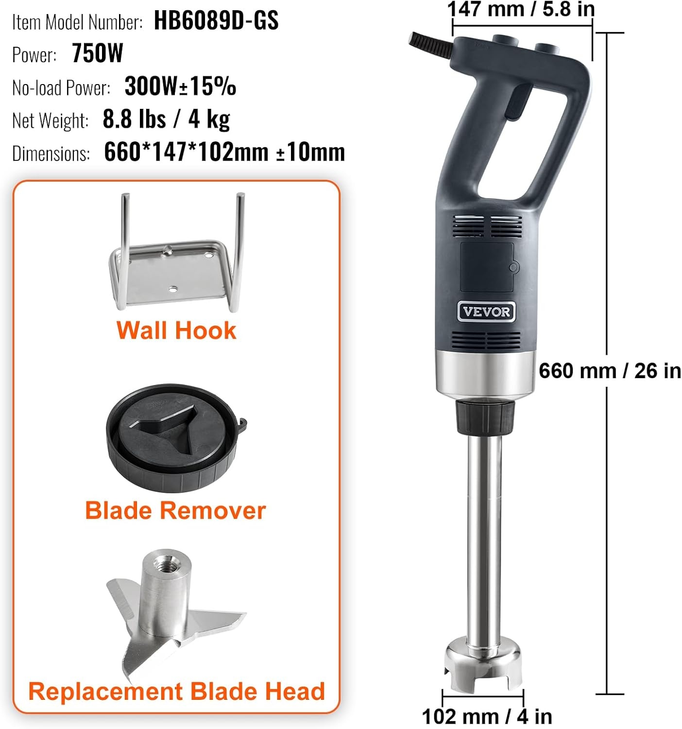 image:imageVEVOR Commercial Immersion Blender 500 Watt 20Inch Heavy Duty Hand Mixer Variable Speed Mixer with 304 Stainless Steel Blade MultiPurpose Portable Mixer for Soup Smoothie Puree Baby Food Variable Speed Stick Machine with 304 Stainless Steel Blade MultiPurpose Portable for Soup Smoothie Puree Baby Food750Watt 12inch