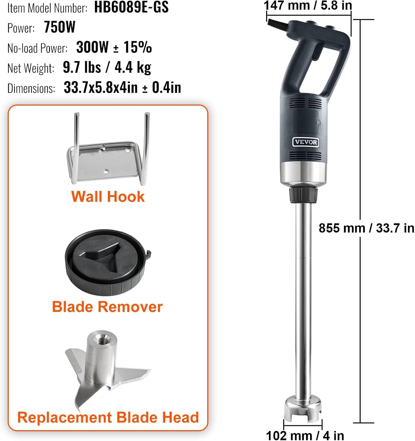 image:imageVEVOR Commercial Immersion Blender 500 Watt 20Inch Heavy Duty Hand Mixer Variable Speed Mixer with 304 Stainless Steel Blade MultiPurpose Portable Mixer for Soup Smoothie Puree Baby Food Variable Speed Stick Machine with 304 Stainless Steel Blade MultiPurpose Portable for Soup Smoothie Puree Baby Food750Watt 20inch