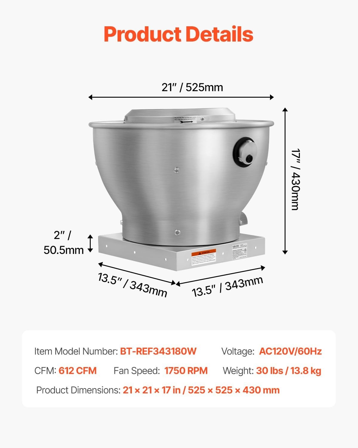 image:imageVEVOR Commercial Kitchen Exhaust Fan 1616 CFM Restaurant Canopy Hood Exhaust Fan 05HP 375W Direct Drive Food Truck Hood Vent High Speed amp Low Noise for Warehouse Agriculture025HP 180W