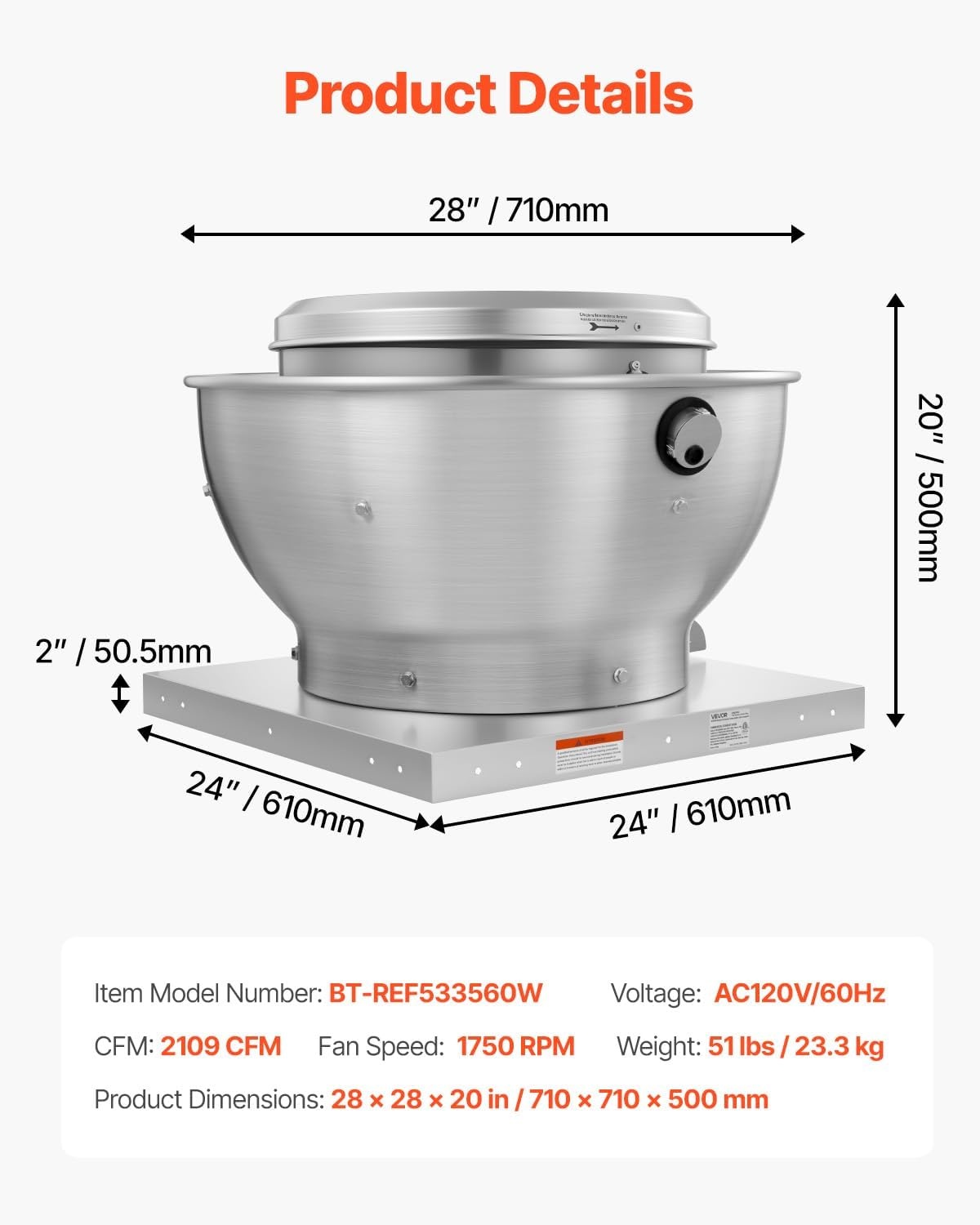 image:imageVEVOR Commercial Kitchen Exhaust Fan 1616 CFM Restaurant Canopy Hood Exhaust Fan 05HP 375W Direct Drive Food Truck Hood Vent High Speed amp Low Noise for Warehouse Agriculture075HP 560W