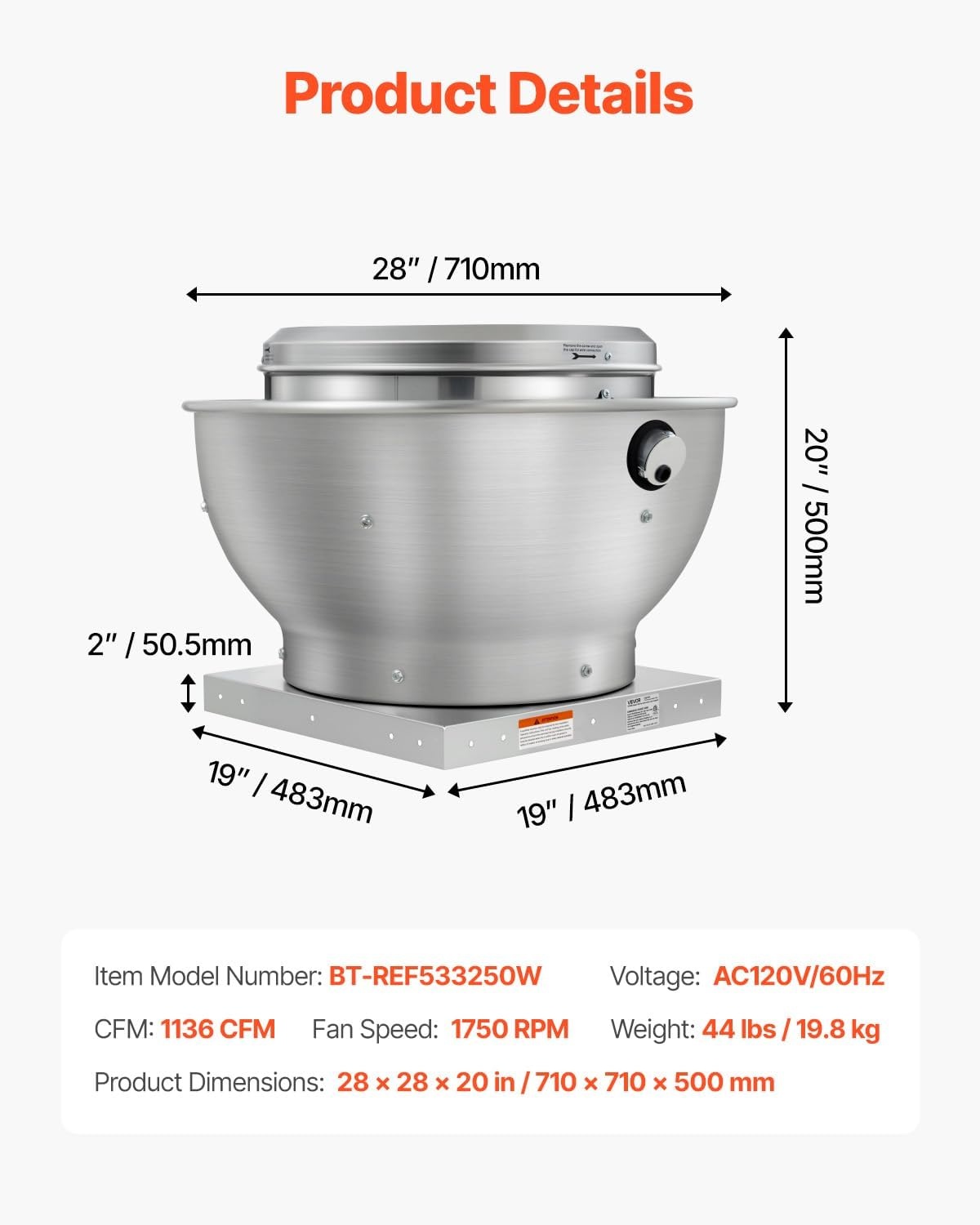 image:imageVEVOR Commercial Kitchen Exhaust Fan 1616 CFM Restaurant Canopy Hood Exhaust Fan 05HP 375W Direct Drive Food Truck Hood Vent High Speed amp Low Noise for Warehouse Agriculture033HP 250W