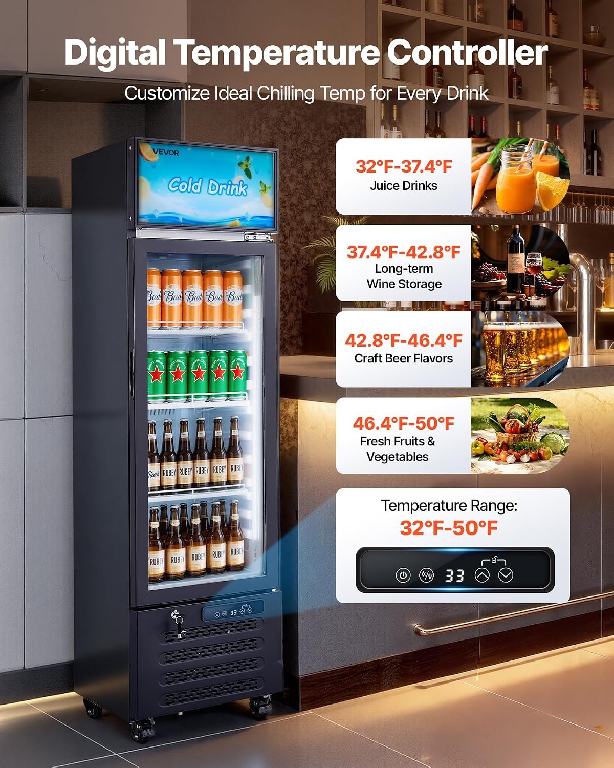 image:imageVEVOR Commercial Merchandiser Refrigerator 61 CuFt 173 L Glass Door Display Refrigerator Upright Beverage Cooler with Customizable Lightbox 3 Adjustable Shelves amp Soft LED Light for Homes Shops61 cuft