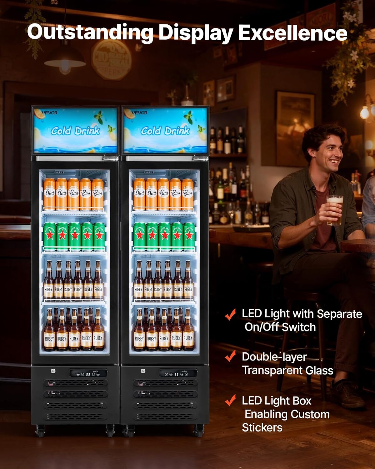 image:imageVEVOR Commercial Merchandiser Refrigerator 61 CuFt 173 L Glass Door Display Refrigerator Upright Beverage Cooler with Customizable Lightbox 3 Adjustable Shelves amp Soft LED Light for Homes Shops61 cuft