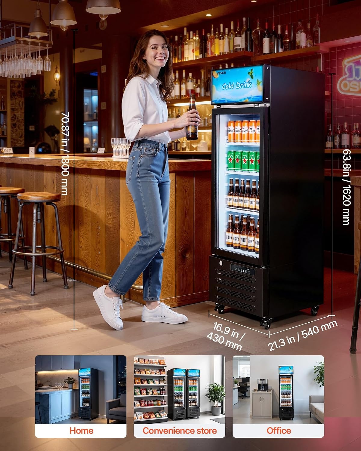 image:imageVEVOR Commercial Merchandiser Refrigerator 61 CuFt 173 L Glass Door Display Refrigerator Upright Beverage Cooler with Customizable Lightbox 3 Adjustable Shelves amp Soft LED Light for Homes Shops61 cuft