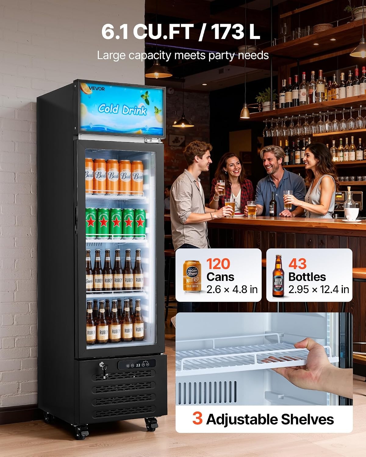image:imageVEVOR Commercial Merchandiser Refrigerator 61 CuFt 173 L Glass Door Display Refrigerator Upright Beverage Cooler with Customizable Lightbox 3 Adjustable Shelves amp Soft LED Light for Homes Shops61 cuft
