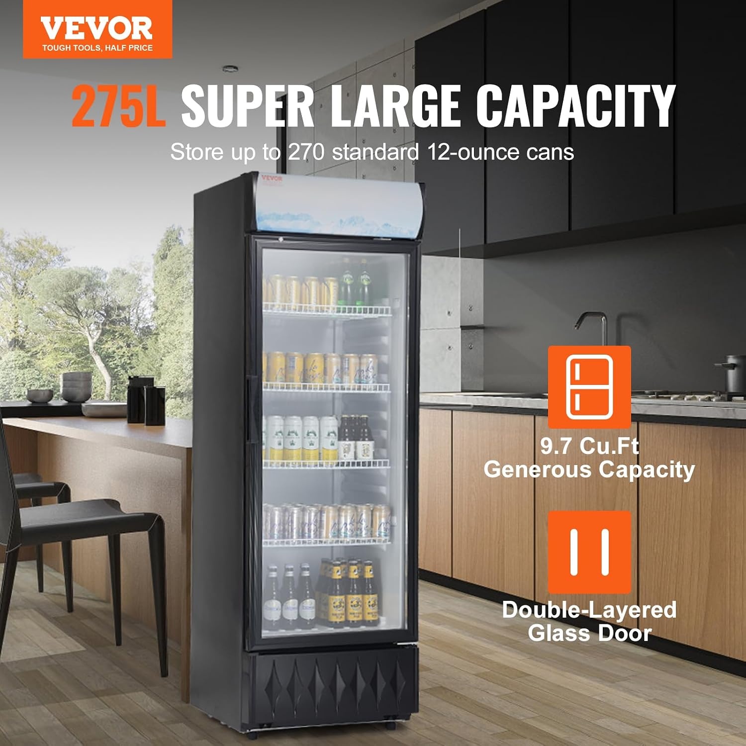 image:imageVEVOR Commercial Merchandiser Refrigerator 96 CuFt 273 L Glass Door Display Refrigerator Upright Beverage Cooler with Customizable Lightbox 4 Adjustable Shelves amp Soft LED Light for Homes Shops97 cuft