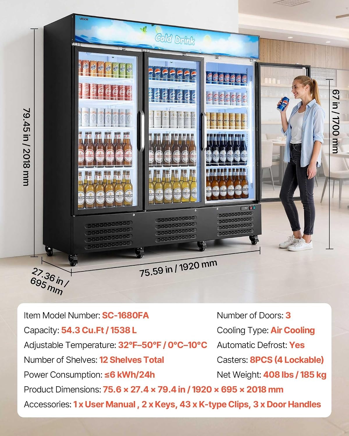 image:imageVEVOR Commercial Merchandiser Refrigerator 96 CuFt 273 L Glass Door Display Refrigerator Upright Beverage Cooler with Customizable Lightbox 4 Adjustable Shelves amp Soft LED Light for Homes Shops543 cuft