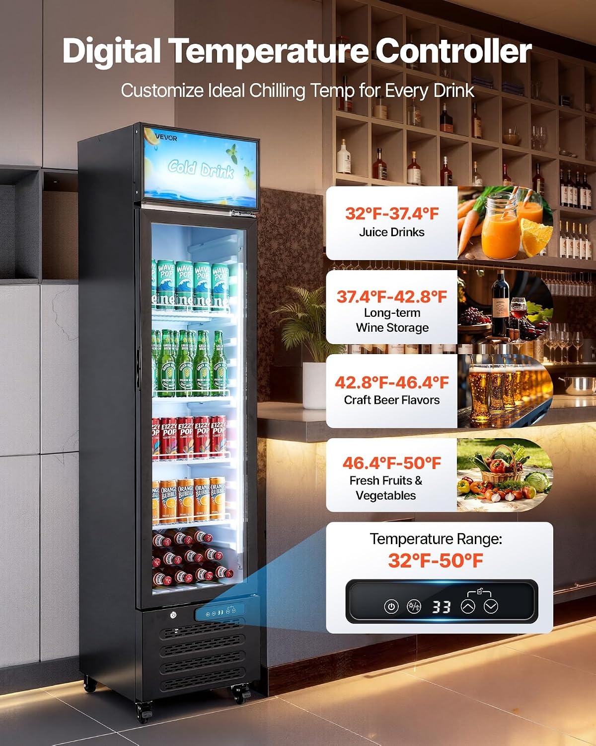 image:imageVEVOR Commercial Merchandiser Refrigerator 96 CuFt 273 L Glass Door Display Refrigerator Upright Beverage Cooler with Customizable Lightbox 4 Adjustable Shelves amp Soft LED Light for Homes Shops75 cuft
