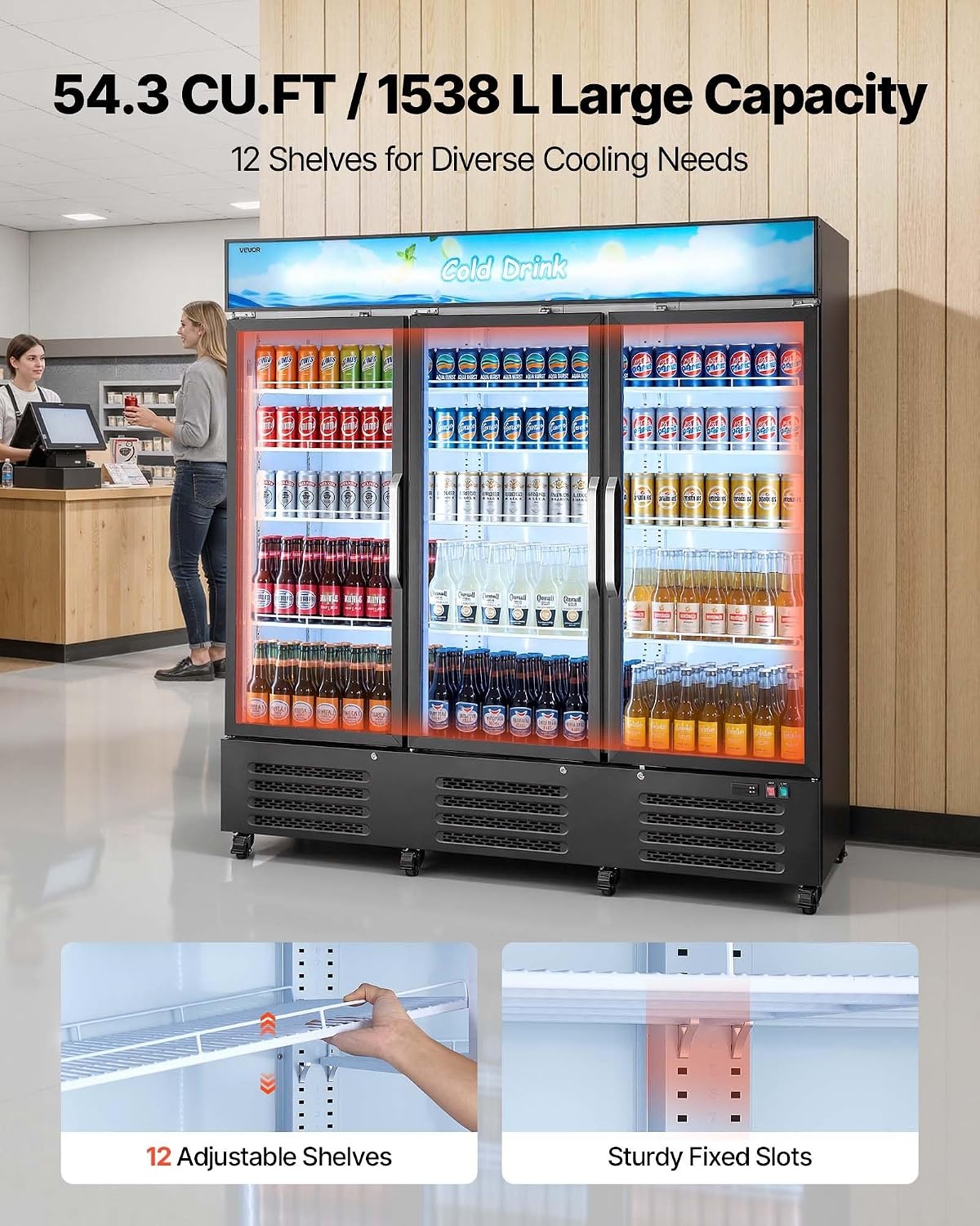 image:imageVEVOR Commercial Merchandiser Refrigerator 96 CuFt 273 L Glass Door Display Refrigerator Upright Beverage Cooler with Customizable Lightbox 4 Adjustable Shelves amp Soft LED Light for Homes Shops543 cuft