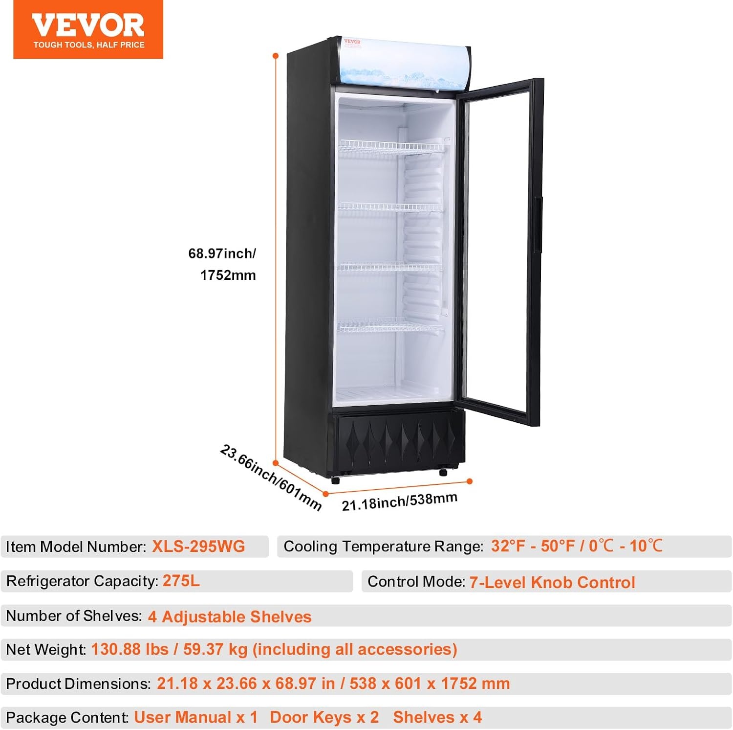 image:imageVEVOR Commercial Merchandiser Refrigerator 96 CuFt 273 L Glass Door Display Refrigerator Upright Beverage Cooler with Customizable Lightbox 4 Adjustable Shelves amp Soft LED Light for Homes Shops97 cuft