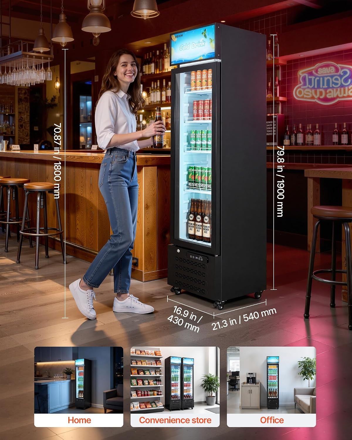 image:imageVEVOR Commercial Merchandiser Refrigerator 96 CuFt 273 L Glass Door Display Refrigerator Upright Beverage Cooler with Customizable Lightbox 4 Adjustable Shelves amp Soft LED Light for Homes Shops75 cuft