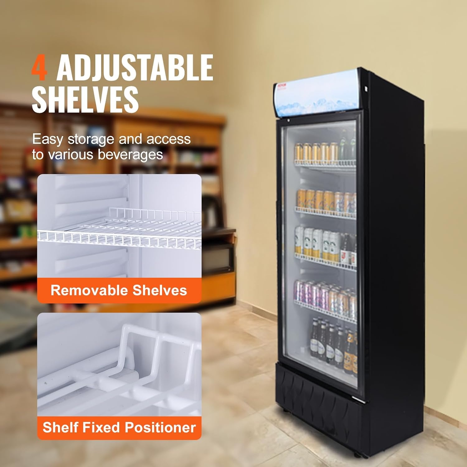 image:imageVEVOR Commercial Merchandiser Refrigerator 96 CuFt 273 L Glass Door Display Refrigerator Upright Beverage Cooler with Customizable Lightbox 4 Adjustable Shelves amp Soft LED Light for Homes Shops97 cuft