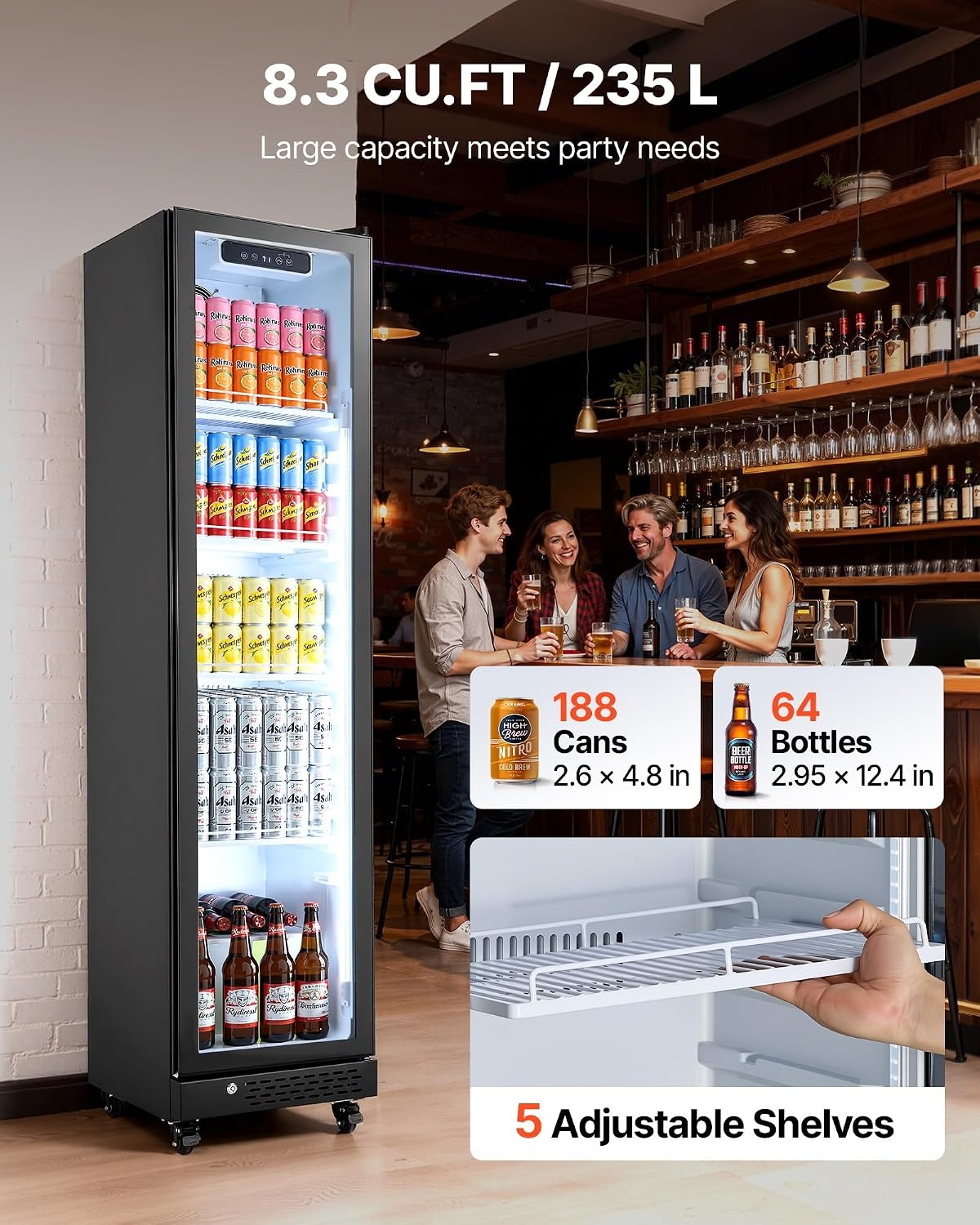image:imageVEVOR Commercial Merchandiser Refrigerator 96 CuFt 273 L Glass Door Display Refrigerator Upright Beverage Cooler with Customizable Lightbox 4 Adjustable Shelves amp Soft LED Light for Homes Shops83 cuft