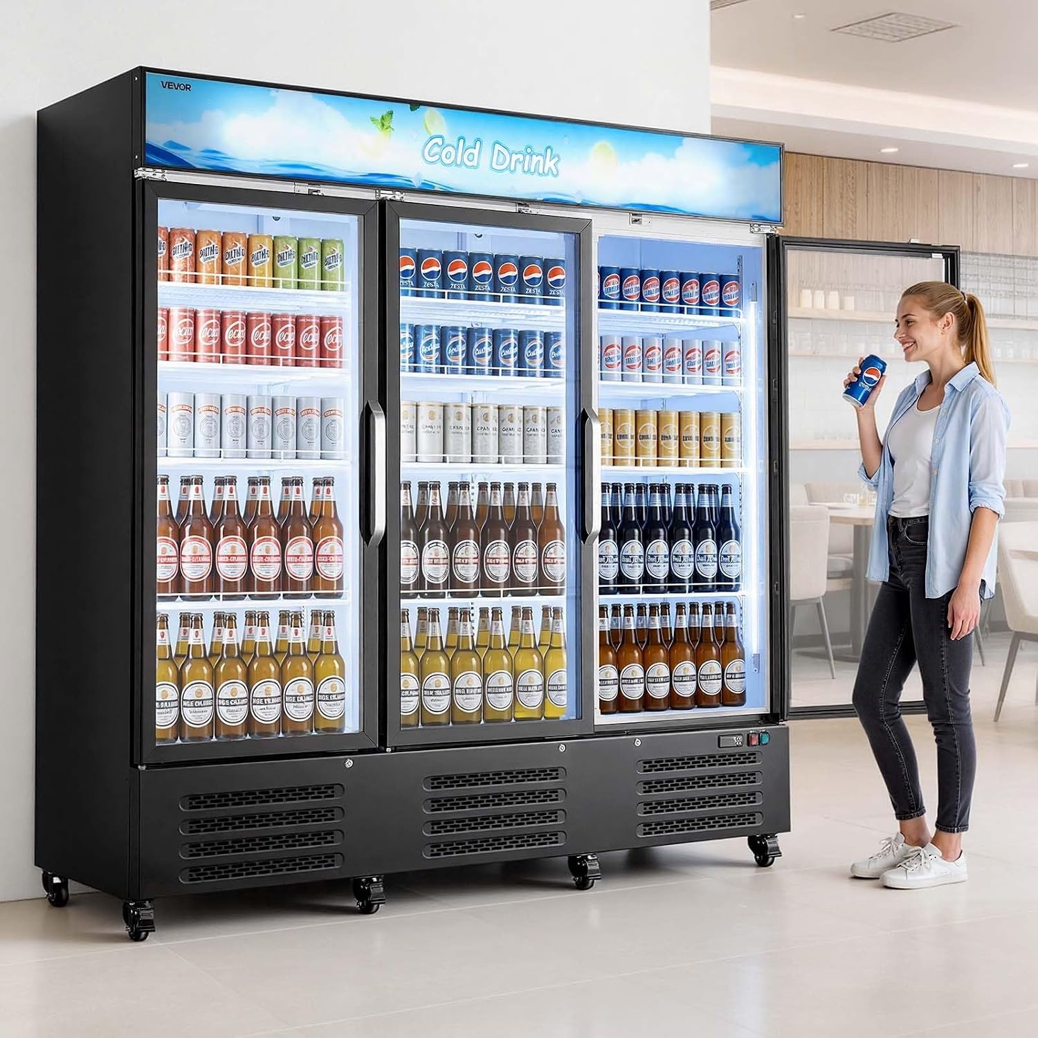 image:imageVEVOR Commercial Merchandiser Refrigerator 96 CuFt 273 L Glass Door Display Refrigerator Upright Beverage Cooler with Customizable Lightbox 4 Adjustable Shelves amp Soft LED Light for Homes Shops543 cuft