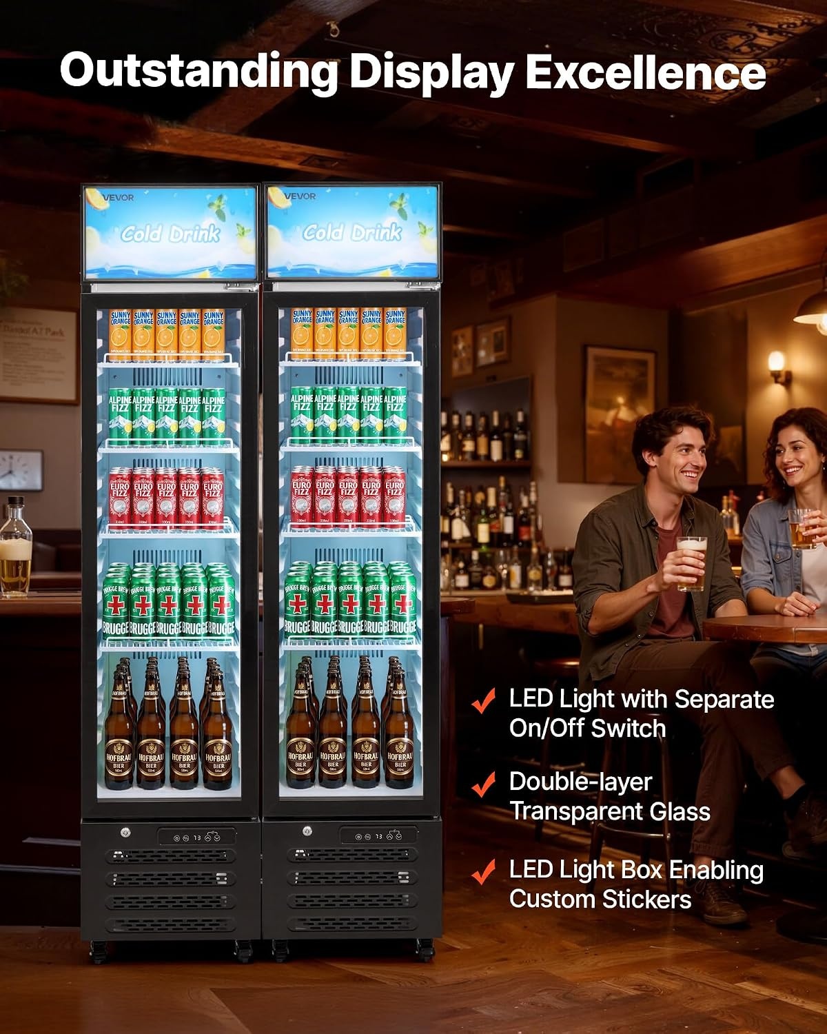 image:imageVEVOR Commercial Merchandiser Refrigerator 96 CuFt 273 L Glass Door Display Refrigerator Upright Beverage Cooler with Customizable Lightbox 4 Adjustable Shelves amp Soft LED Light for Homes Shops75 cuft