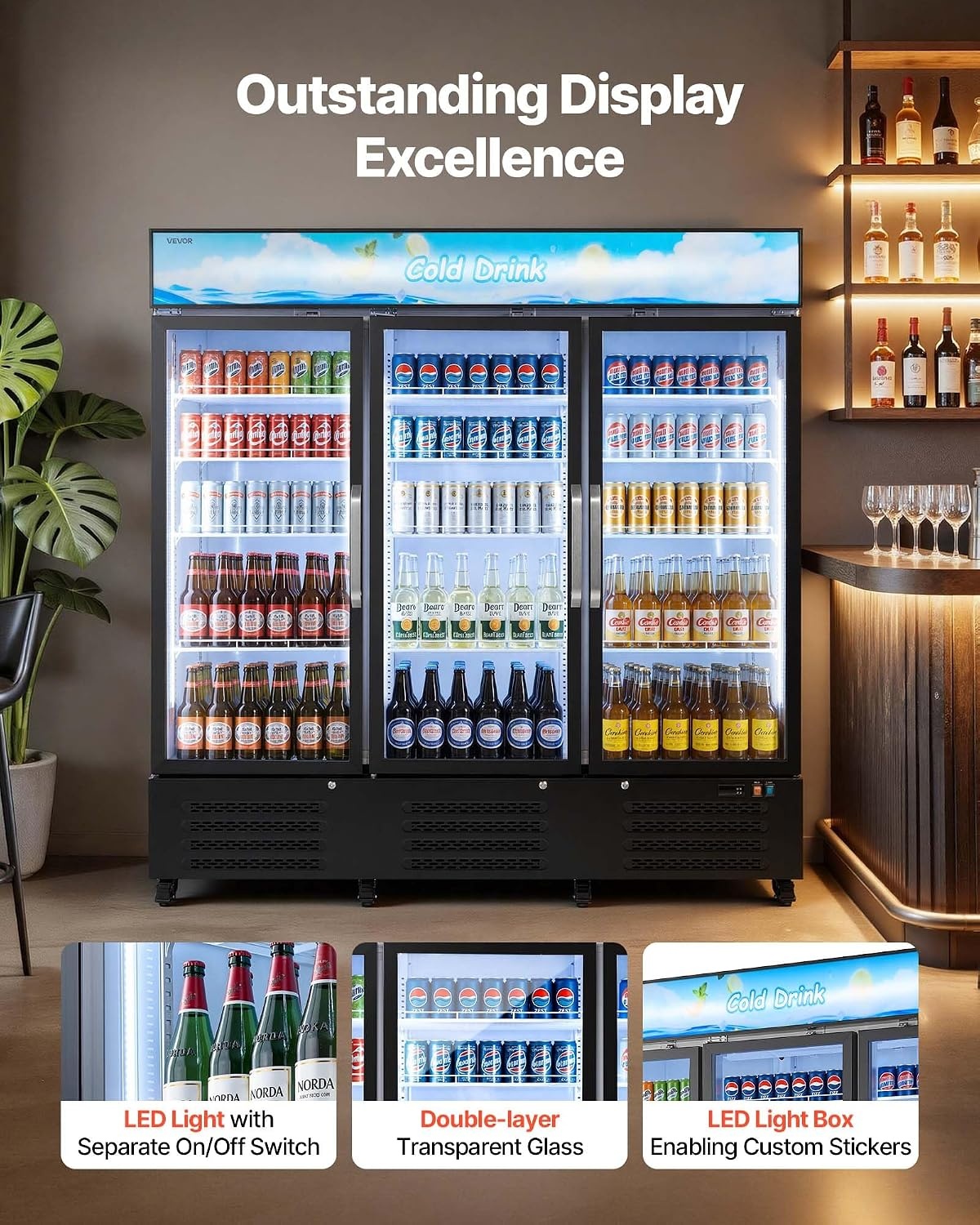 image:imageVEVOR Commercial Merchandiser Refrigerator 96 CuFt 273 L Glass Door Display Refrigerator Upright Beverage Cooler with Customizable Lightbox 4 Adjustable Shelves amp Soft LED Light for Homes Shops543 cuft