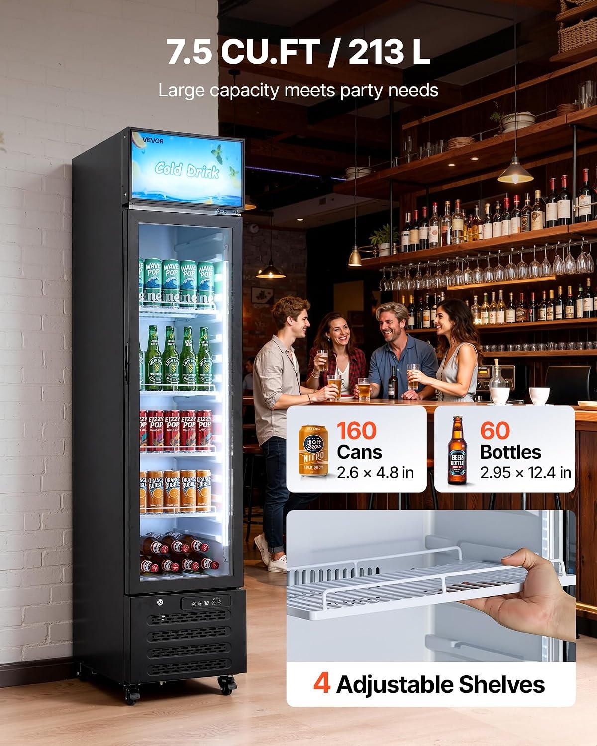 image:imageVEVOR Commercial Merchandiser Refrigerator 96 CuFt 273 L Glass Door Display Refrigerator Upright Beverage Cooler with Customizable Lightbox 4 Adjustable Shelves amp Soft LED Light for Homes Shops75 cuft