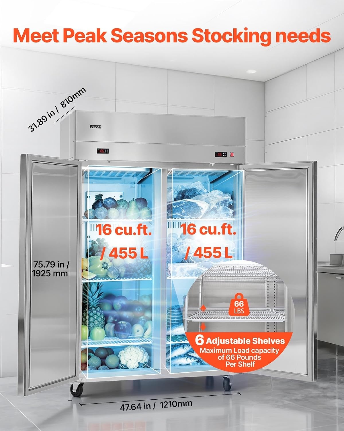 image:imageVEVOR Commercial ReachIn Freezer 48 W 33 CuFt Stainless Steel Upright Freezer with Double Glass Doors AutoDefrost 6 Adjustable Shelves 11 to 14 Temp Control UL Certified48W 32 Cuft Double DoorsCombo
