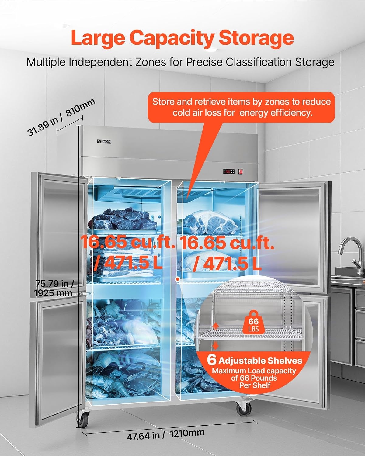 image:imageVEVOR Commercial ReachIn Freezer 48 W 33 CuFt Stainless Steel Upright Freezer with Double Glass Doors AutoDefrost 6 Adjustable Shelves 11 to 14 Temp Control UL Certified48W 33 Cuft 4 DoorsFreezer