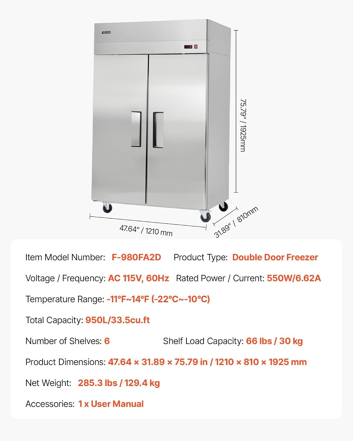 image:imageVEVOR Commercial ReachIn Freezer 48 W 33 CuFt Stainless Steel Upright Freezer with Double Glass Doors AutoDefrost 6 Adjustable Shelves 11 to 14 Temp Control UL Certified48W 33 Cuft Double DoorsFreezer