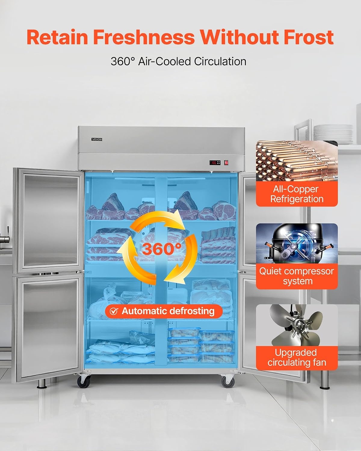 image:imageVEVOR Commercial ReachIn Freezer 48 W 33 CuFt Stainless Steel Upright Freezer with Double Glass Doors AutoDefrost 6 Adjustable Shelves 11 to 14 Temp Control UL Certified48W 33 Cuft 4 DoorsFreezer