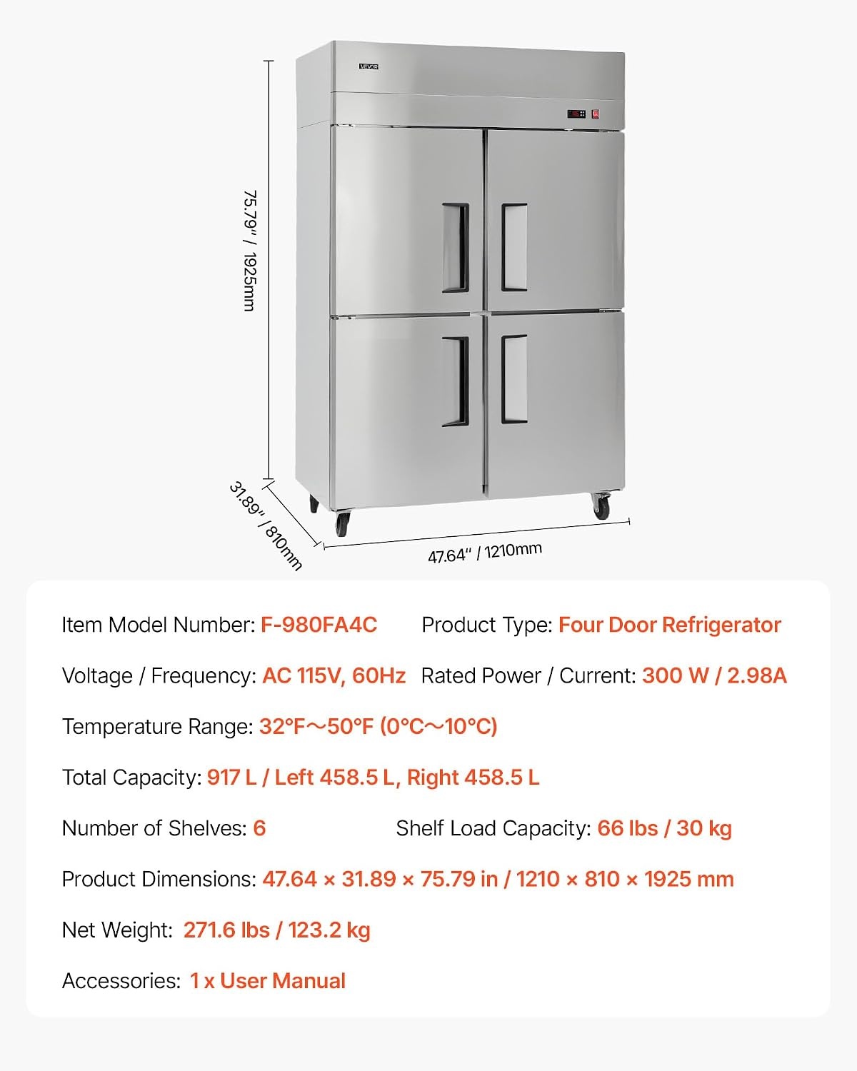 image:imageVEVOR Commercial ReachIn Freezer 48 W 33 CuFt Stainless Steel Upright Freezer with Double Glass Doors AutoDefrost 6 Adjustable Shelves 11 to 14 Temp Control UL Certified48W 32 Cuft 4 DoorsRefrigerator