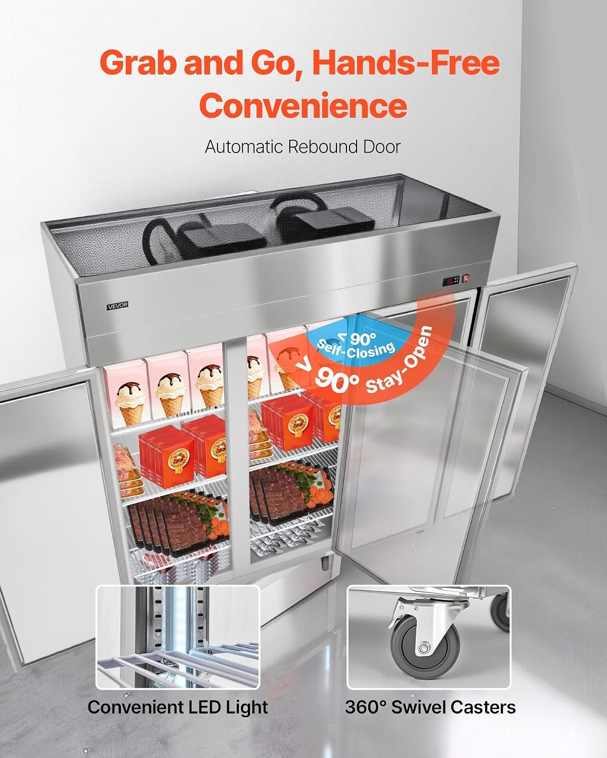 image:imageVEVOR Commercial ReachIn Freezer 48 W 33 CuFt Stainless Steel Upright Freezer with Double Glass Doors AutoDefrost 6 Adjustable Shelves 11 to 14 Temp Control UL Certified72W 52 Cuft Three DoorsFreezer