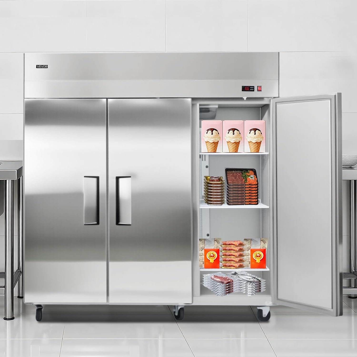 image:imageVEVOR Commercial ReachIn Freezer 48 W 33 CuFt Stainless Steel Upright Freezer with Double Glass Doors AutoDefrost 6 Adjustable Shelves 11 to 14 Temp Control UL Certified72W 52 Cuft Three DoorsFreezer