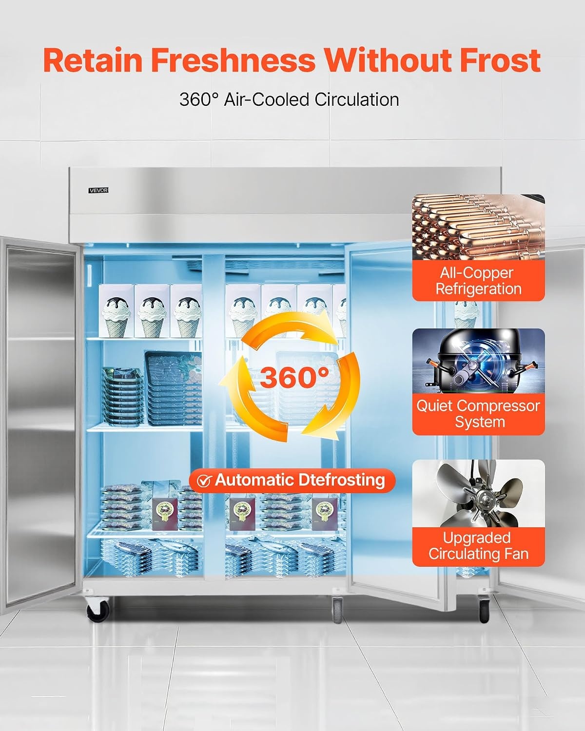 image:imageVEVOR Commercial ReachIn Freezer 48 W 33 CuFt Stainless Steel Upright Freezer with Double Glass Doors AutoDefrost 6 Adjustable Shelves 11 to 14 Temp Control UL Certified72W 52 Cuft Three DoorsFreezer