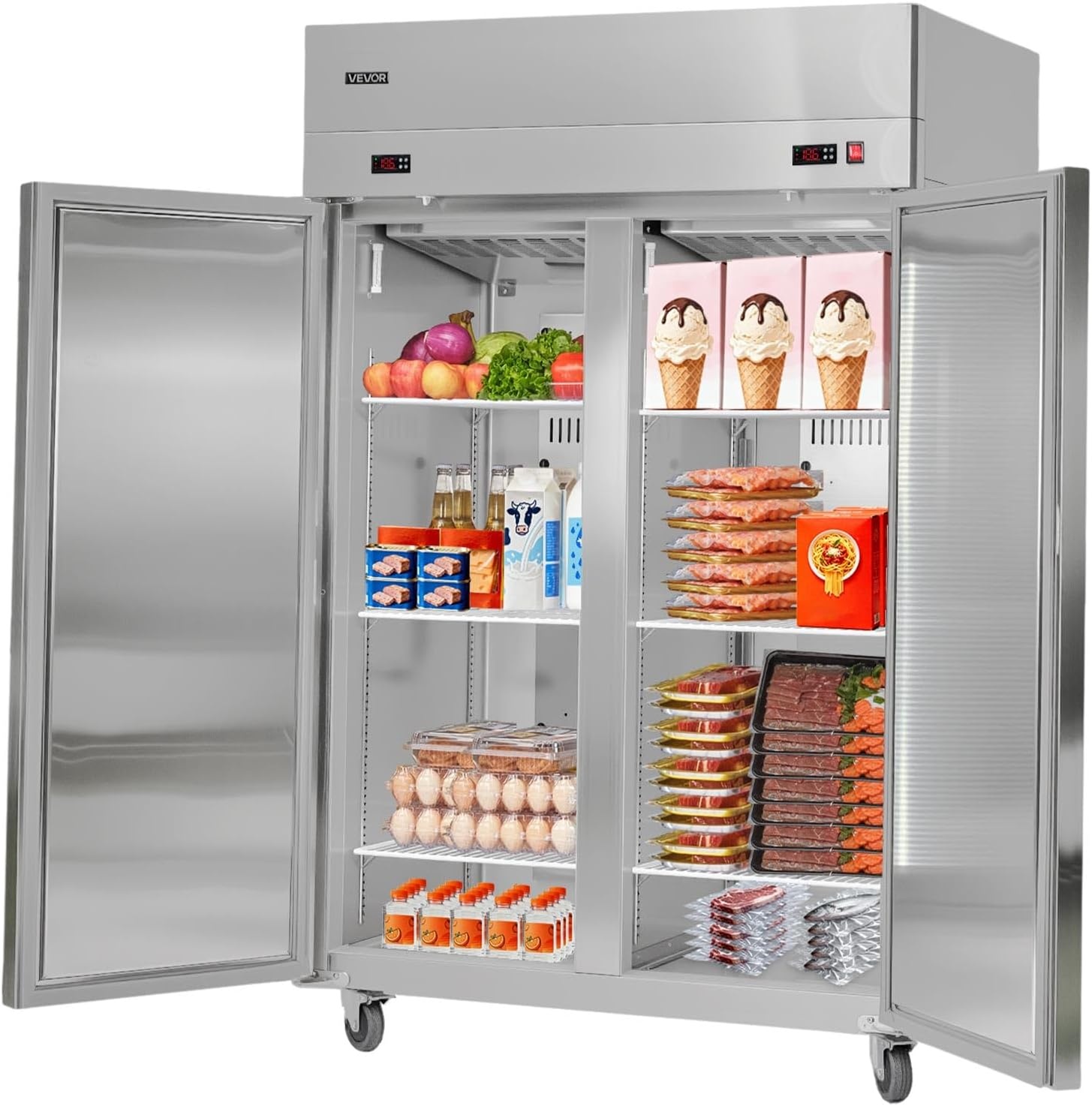 image:imageVEVOR Commercial ReachIn Freezer 48 W 33 CuFt Stainless Steel Upright Freezer with Double Glass Doors AutoDefrost 6 Adjustable Shelves 11 to 14 Temp Control UL Certified48W 32 Cuft Double DoorsCombo