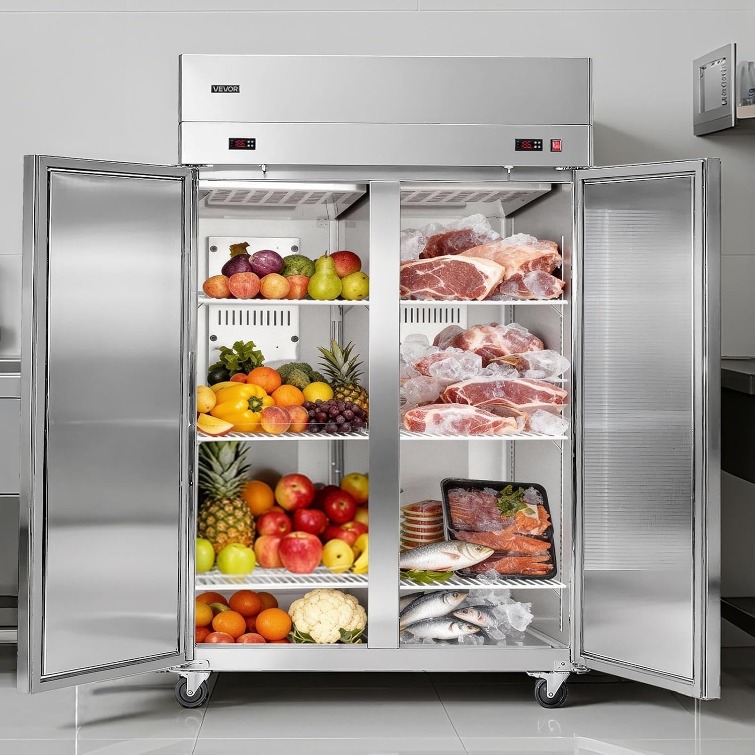 image:imageVEVOR Commercial ReachIn Freezer 48 W 33 CuFt Stainless Steel Upright Freezer with Double Glass Doors AutoDefrost 6 Adjustable Shelves 11 to 14 Temp Control UL Certified48W 32 Cuft Double DoorsCombo