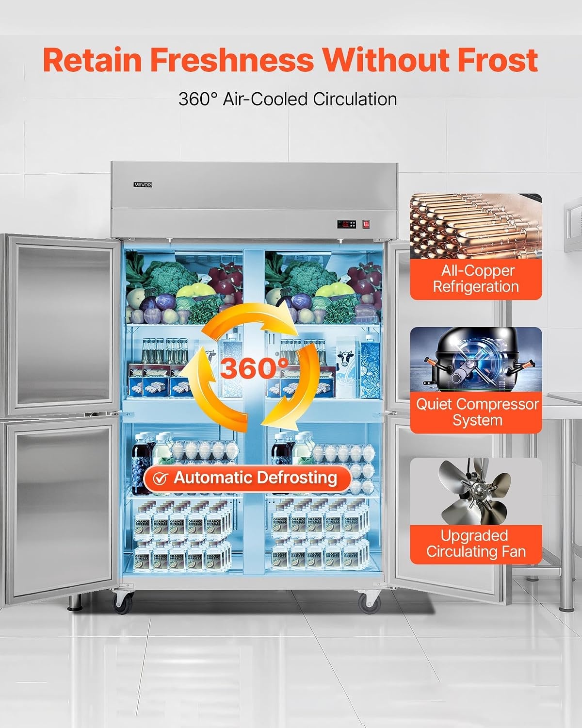 image:imageVEVOR Commercial ReachIn Freezer 48 W 33 CuFt Stainless Steel Upright Freezer with Double Glass Doors AutoDefrost 6 Adjustable Shelves 11 to 14 Temp Control UL Certified48W 32 Cuft 4 DoorsRefrigerator