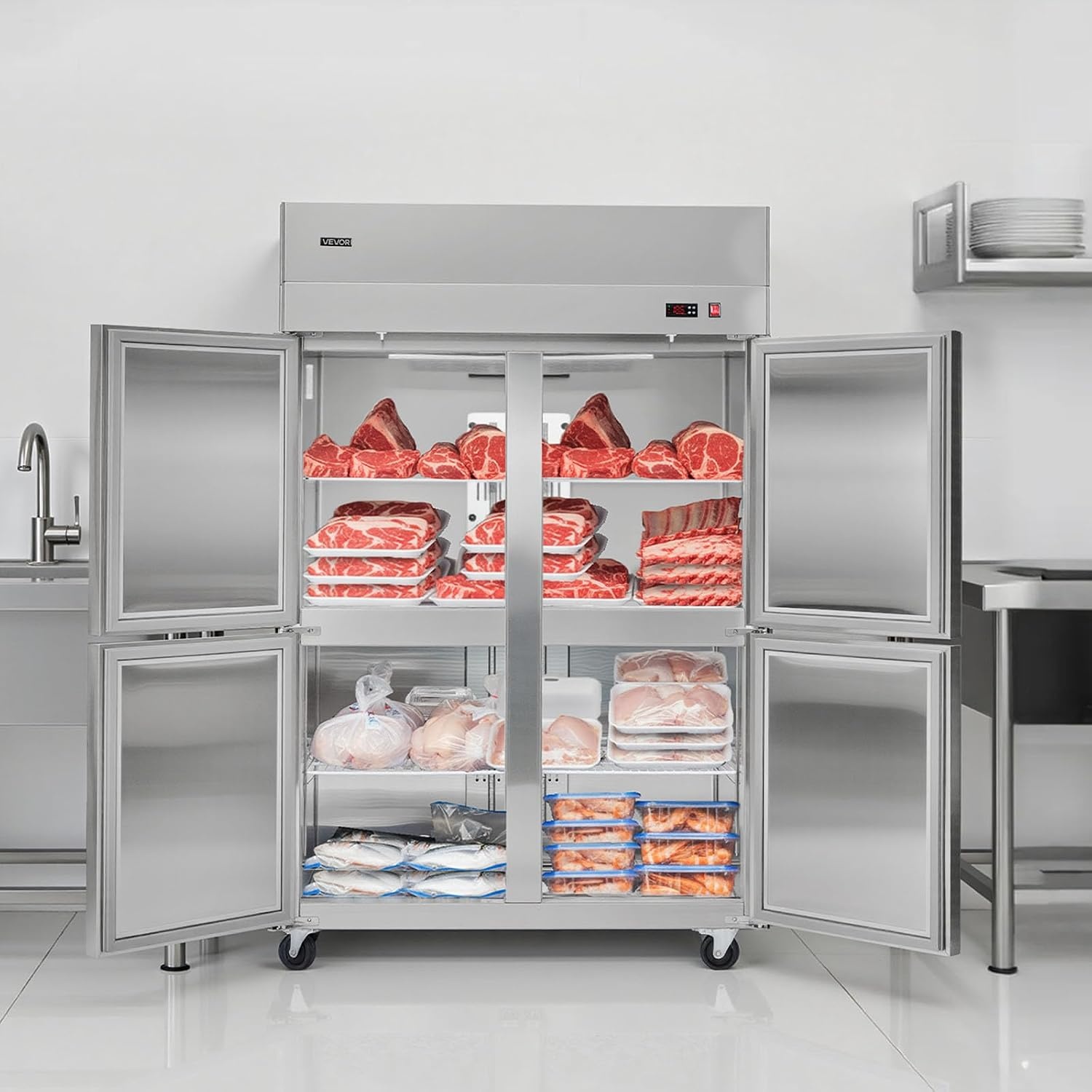 image:imageVEVOR Commercial ReachIn Freezer 48 W 33 CuFt Stainless Steel Upright Freezer with Double Glass Doors AutoDefrost 6 Adjustable Shelves 11 to 14 Temp Control UL Certified48W 33 Cuft 4 DoorsFreezer