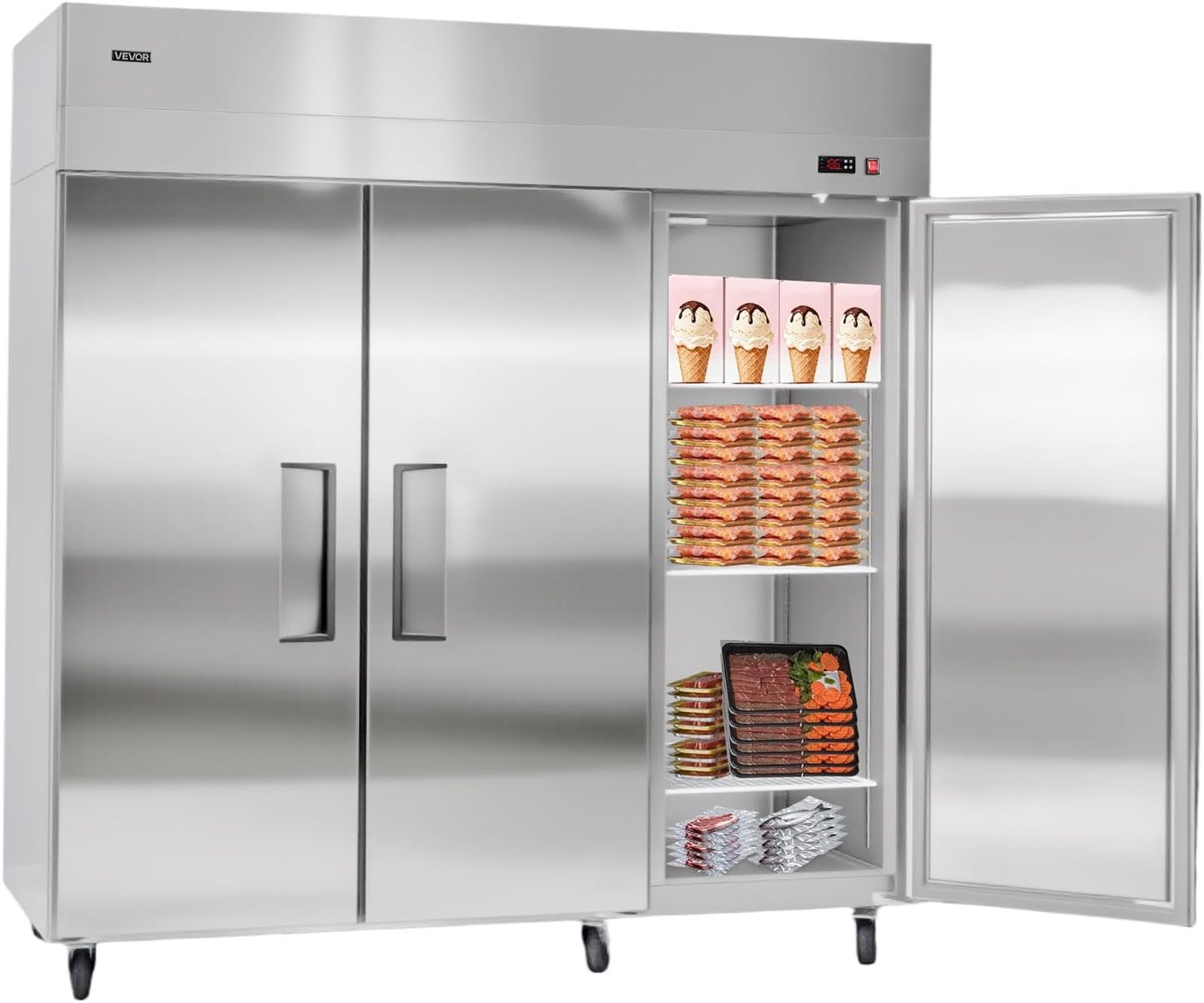 image:imageVEVOR Commercial ReachIn Freezer 48 W 33 CuFt Stainless Steel Upright Freezer with Double Glass Doors AutoDefrost 6 Adjustable Shelves 11 to 14 Temp Control UL Certified72W 52 Cuft Three DoorsFreezer