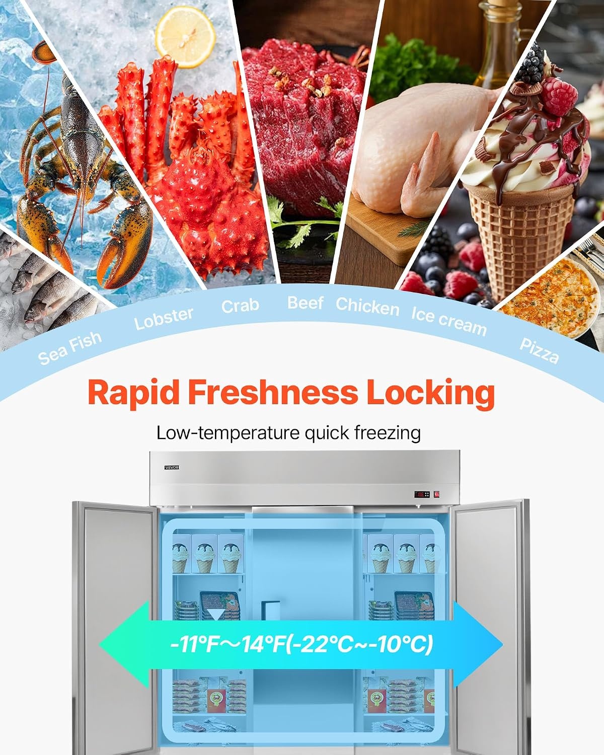 image:imageVEVOR Commercial ReachIn Freezer 48 W 33 CuFt Stainless Steel Upright Freezer with Double Glass Doors AutoDefrost 6 Adjustable Shelves 11 to 14 Temp Control UL Certified72W 52 Cuft Three DoorsFreezer