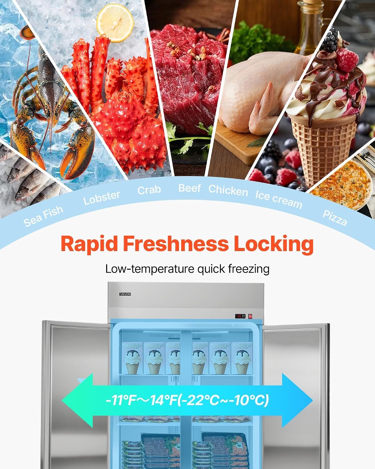 image:imageVEVOR Commercial ReachIn Freezer 48 W 33 CuFt Stainless Steel Upright Freezer with Double Glass Doors AutoDefrost 6 Adjustable Shelves 11 to 14 Temp Control UL Certified48W 33 Cuft Double DoorsFreezer