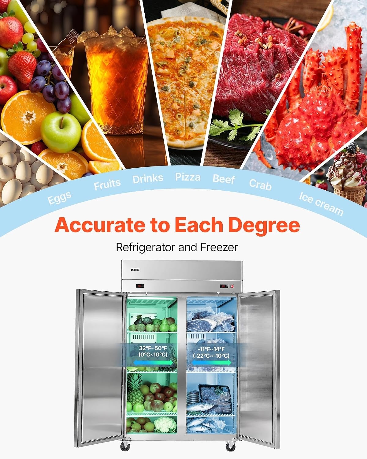 image:imageVEVOR Commercial ReachIn Freezer 48 W 33 CuFt Stainless Steel Upright Freezer with Double Glass Doors AutoDefrost 6 Adjustable Shelves 11 to 14 Temp Control UL Certified48W 32 Cuft Double DoorsCombo