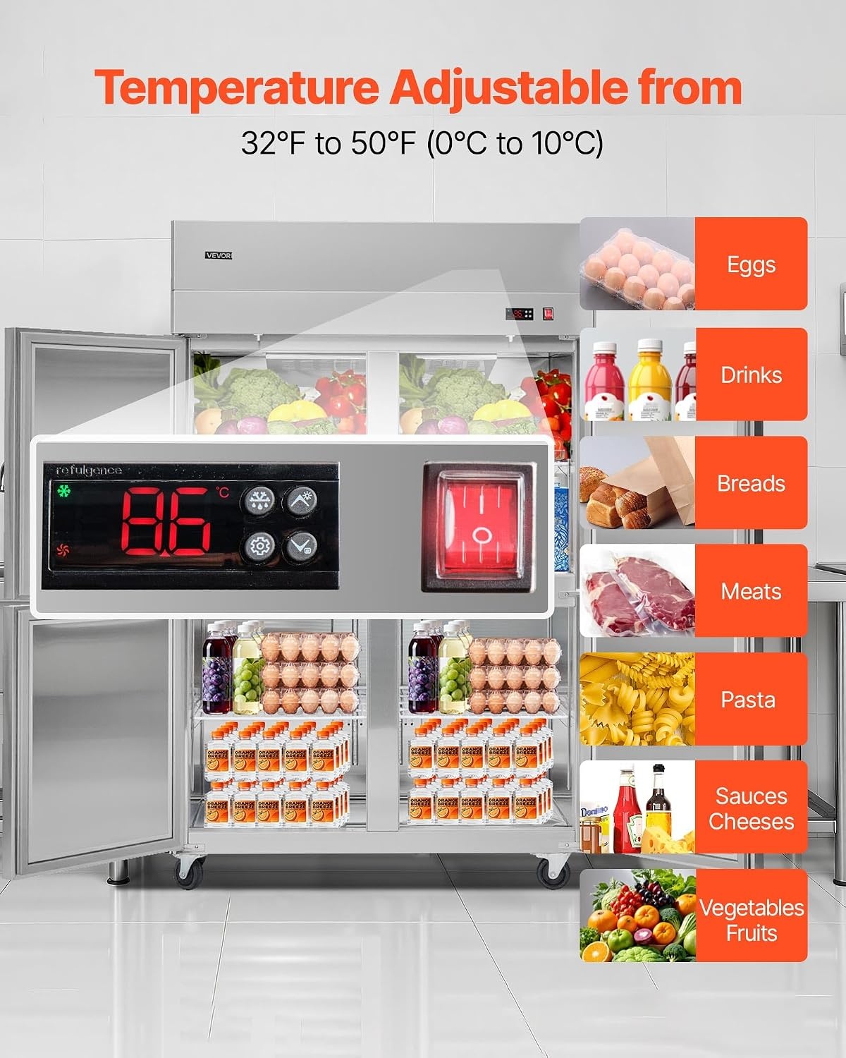 image:imageVEVOR Commercial ReachIn Freezer 48 W 33 CuFt Stainless Steel Upright Freezer with Double Glass Doors AutoDefrost 6 Adjustable Shelves 11 to 14 Temp Control UL Certified48W 32 Cuft 4 DoorsRefrigerator