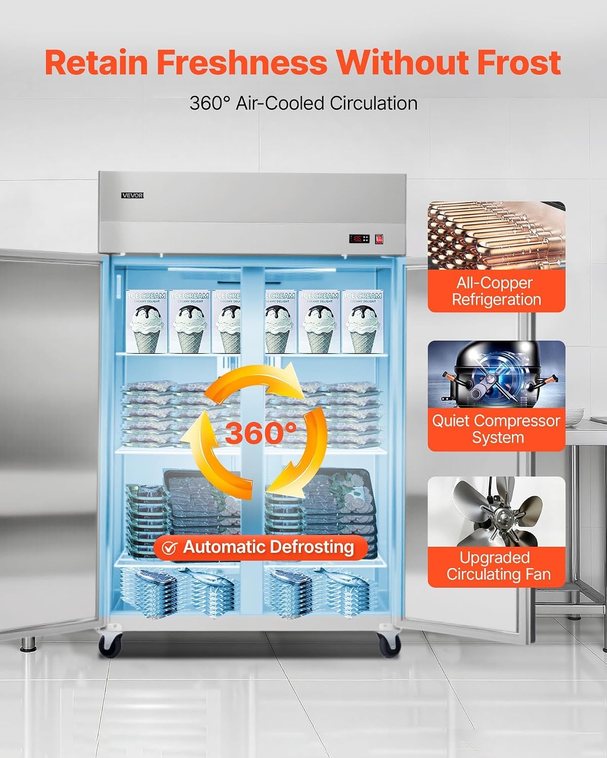 image:imageVEVOR Commercial ReachIn Freezer 48 W 33 CuFt Stainless Steel Upright Freezer with Double Glass Doors AutoDefrost 6 Adjustable Shelves 11 to 14 Temp Control UL Certified48W 33 Cuft Double DoorsFreezer