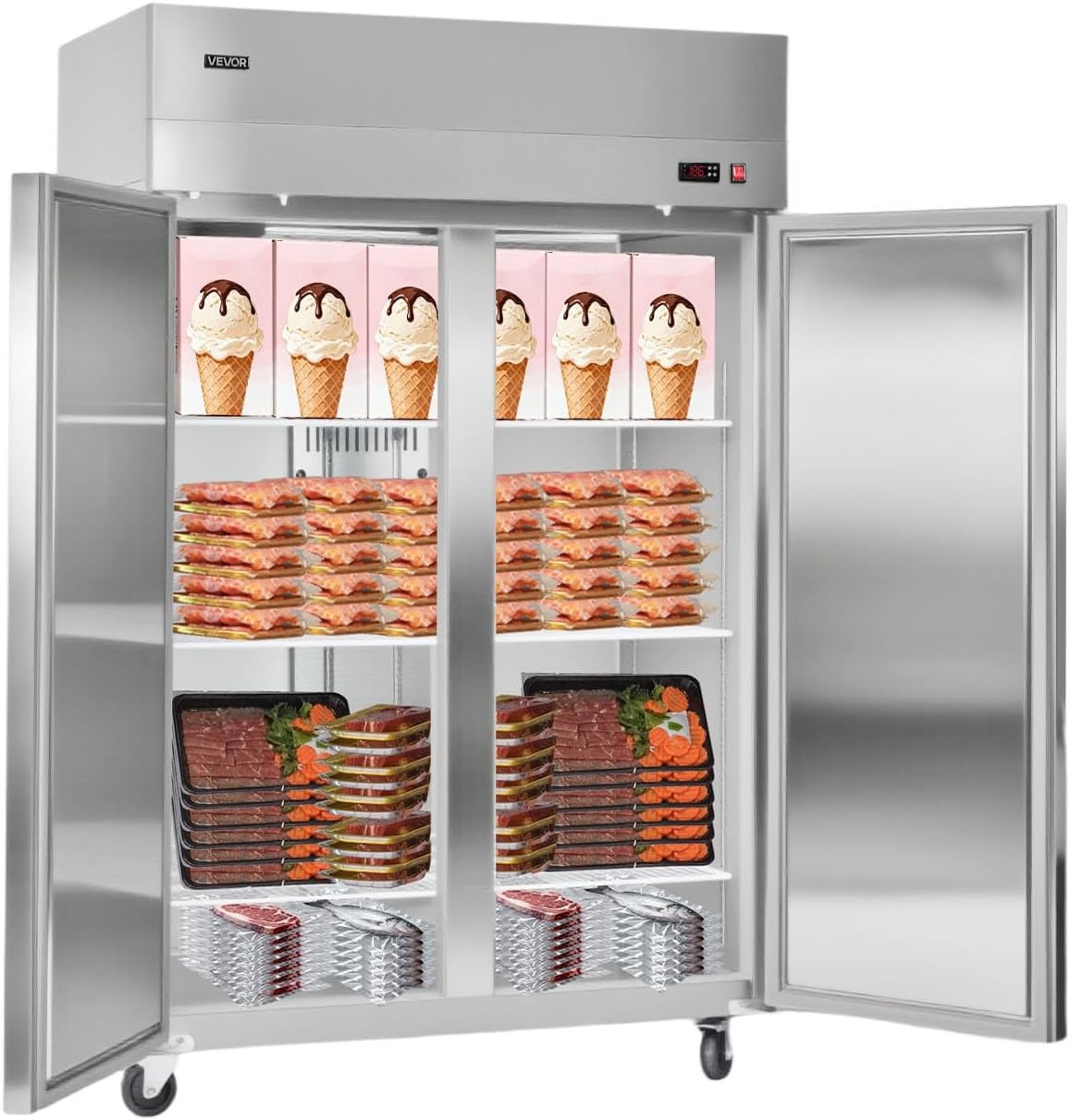 image:imageVEVOR Commercial ReachIn Freezer 48 W 33 CuFt Stainless Steel Upright Freezer with Double Glass Doors AutoDefrost 6 Adjustable Shelves 11 to 14 Temp Control UL Certified48W 33 Cuft Double DoorsFreezer