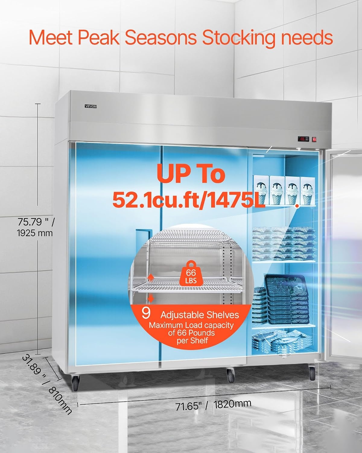 image:imageVEVOR Commercial ReachIn Freezer 48 W 33 CuFt Stainless Steel Upright Freezer with Double Glass Doors AutoDefrost 6 Adjustable Shelves 11 to 14 Temp Control UL Certified72W 52 Cuft Three DoorsFreezer